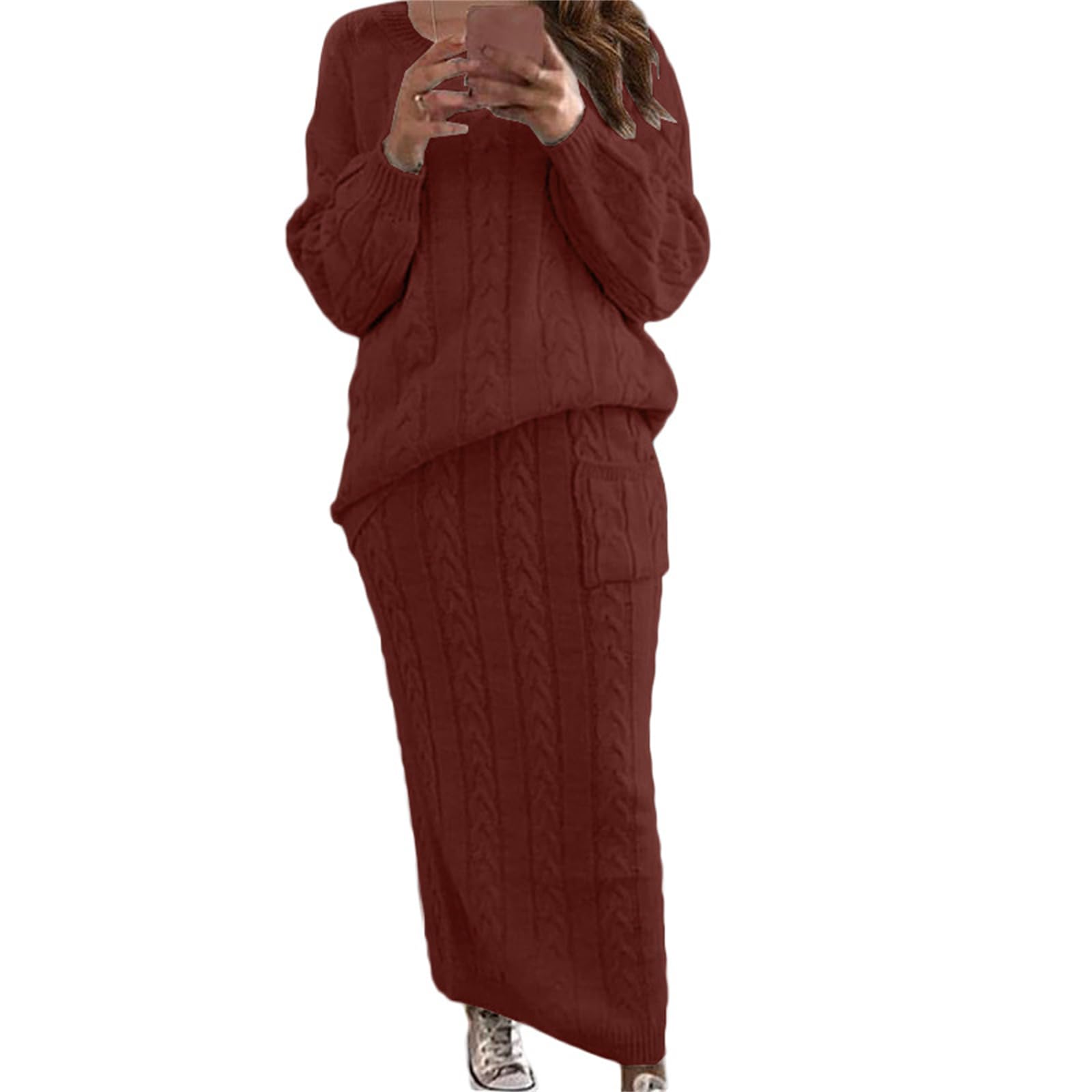 Womens 2 Piece Sweater Set Chunky Cable Knit Long Skirt Matching Oversized Pullover Sweater Sets Fall Winter Outfits