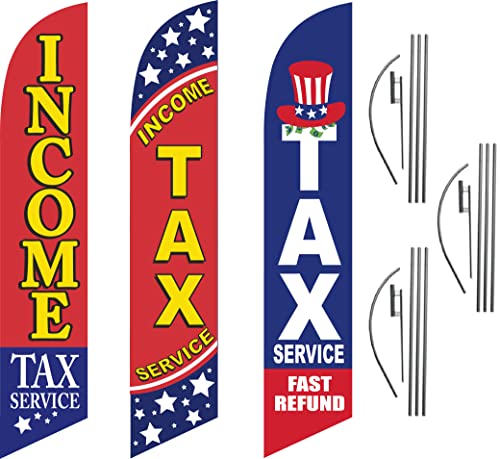 GLOBAL ADVERTISING SOLUTIONS Income Tax Service Fast Refund Red Blue Yellow Feather Flag Eye Catching Banner Sign for Business and Marketing Complete Set of Three with 15 ft Pole Kits and Ground Spikes