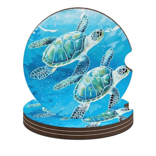 4 Posavasos de Madera Para Carro con Diseño de Tortugas miniatura 1