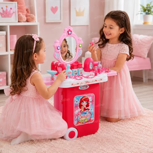 Image of Zest 4 Toyz Makeup Kit for Girls 3 in 1 Makeup Suitcase Kit with Makeup Accessories Pretend Play Set Portable Suitcase Beauty Set Toy Gift for Girls - Pink
