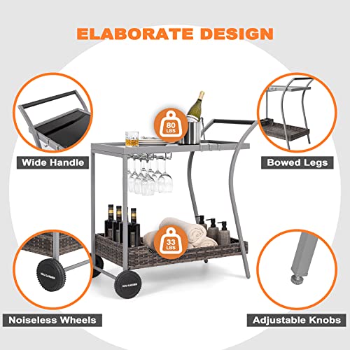 Nuu Garden 2-Tier Bar Cart Industrial Style Home Moveable Serving Cart With Glass Holders Wine Racks And Hooks, Rolling Beverage Cart On 2 Wheels For Living Room, Party, Bar, Gray #TOP2