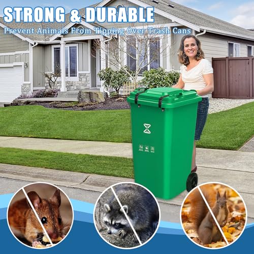 Image of 4 Pcs Trash Can Lid Lock, Universal Garbage Can Lock Strap, Adjustable Outdoor Trash Can Lock for Animals, Squirrels, Dogs, Raccoons, Locking Trash Can During Strong Winds-Black