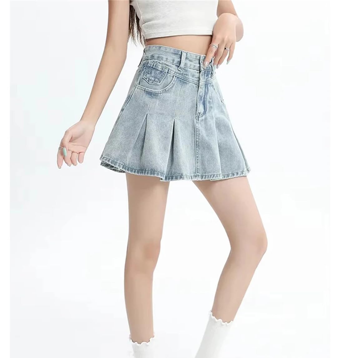 Gonna a pieghe in denim da donna svasata con cerniera vintage, gonna estiva sopra Kne Mini