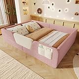 BTM Kinder Bodenbett 140 x 190 cm Samt Kinderbett mit Rausfallschutz Polsterbett mit Aufbewahrung, Rosa (ohne Matratze)