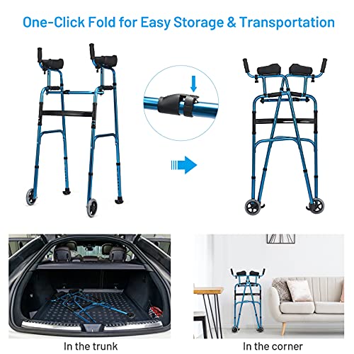 Sporfit Foldable Platform Walker, Adjustable Walking Aid with 5’’ Wheels & Removable Padded Armrests, Folding Standard Walker for Senior, Elderly, Rehabilitation Auxiliary, No Assembly (Silver)