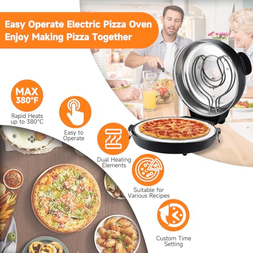 Upgrade Davivy 16\" Large Pizza Oven with 14.8\" Pizza Stone & Grill Pan, Portable Indoor Pizza Oven Countertop, Pizza Maker Machine for Home, Electric Portable Pizza Oven Heats up to 380℃ - Black