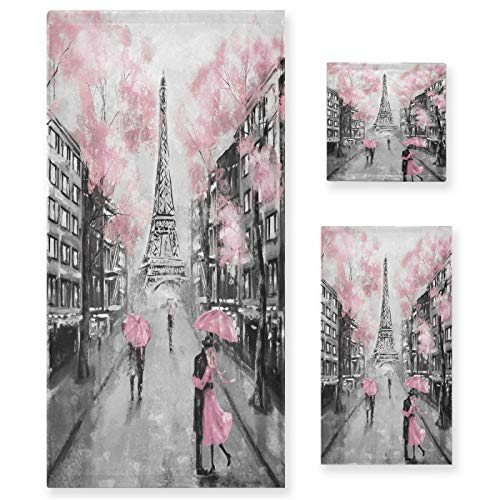Qilmy Pink Paris Tower Bath Towels Absorbent Bath Towels Set Soft & Comfortable Towel Set For Home Hotel Decor, 3 Piece #TOP29