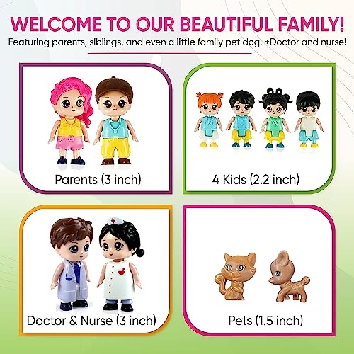Funerica Family Figures Set - Dollhouse People Dolls Featuring Dad, Mom, Boys, Girls, And Puppy Dog & Cat Pet - Little People Toys Play Doll House Accessories - Kids Toy House Play Figure Playsets #TOP2