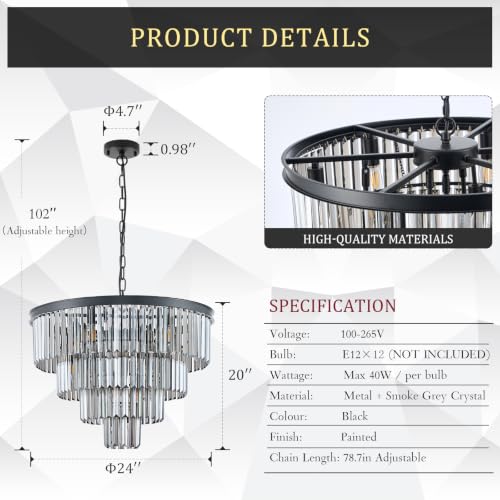 CATINER 24" Smoke Gray Crystal Chandeliers,12 Lights Black Light Fixture by CATINER - Used condition - Image 2