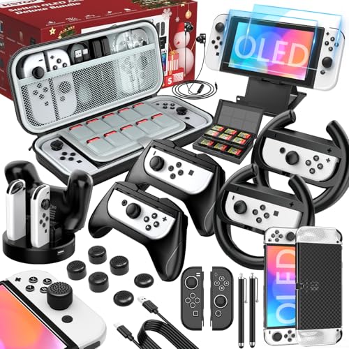 HSTOP Switch OLED kit Accesorios para Nintendo Switch OLED,27 en 1 Accesorios Incluye Funda,Carcasa Switch OLED,Grip Sleeve,Cartucho de Juego y más,Negro
