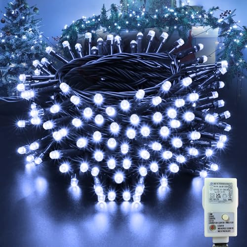 Moxled Christmas Tree Lights White - 10M 100 LED Outdoor Christmas Lights Waterproof, Timer, 8 Modes Expandable Fairy String Lights Mains Powered for Outdoor Indoor Xmas Tree Decorations