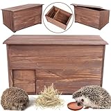MODO24 Igelhaus aus Holz, Stabiles Igel Winterquartier mit Labyrintheingang, Boden & Trennwand, Igelhütte/Igelhotel für Winterschlaf, inkl. Heu & Futterschale, Maße 27x37x27 cm, Braun imprägniert
