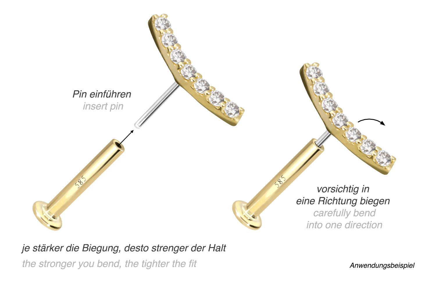 PIERCINGLINE 14 Karat Gold Labret Ohr-Piercing mit Push Fit MOISSANIT-BOGEN 0,042 kt Farb & Größenauswahl