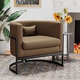 Apeaka Brown Faux Leather Barrel Accent Chair Modern Upholstered Armchair for Living Room Bedroom Single Sofa Chair Club Side Chairs
