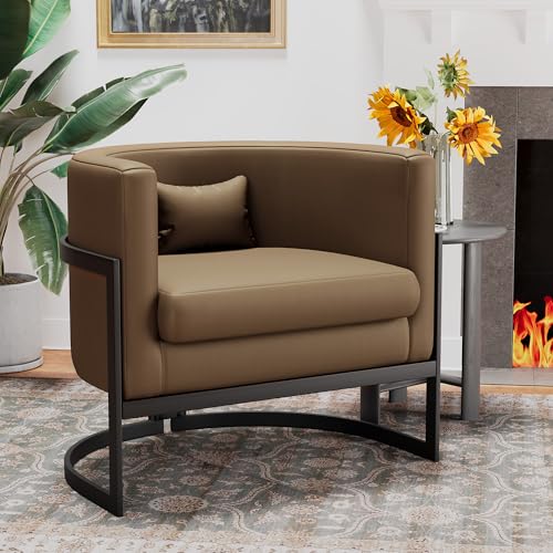 Apeaka Brown Faux Leather Barrel Accent Chair Modern Upholstered Armchair