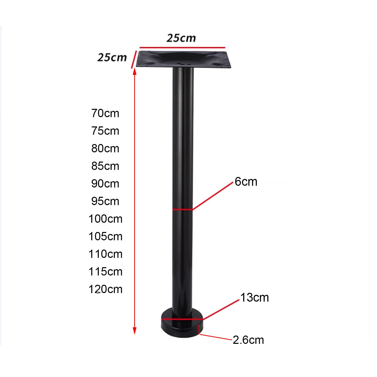 Adjuble Okrągłe metalowe nogi stołowe, średnica 6 cm, wysokość 80 cm, bez stalowego wspornika do stolika kawowego i jadalnego, do samodzielnego wykonania futra, ze śrubami
