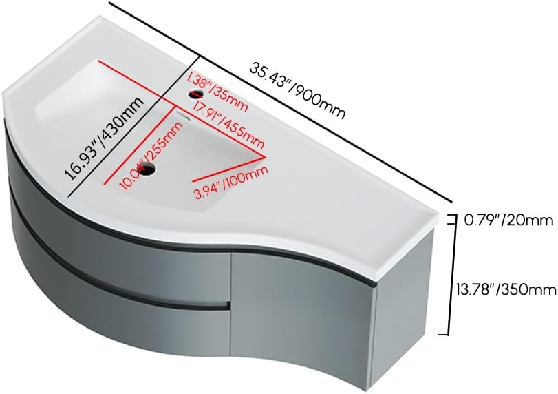 KunMai 35.4" Modern Floating Bathroom Vanity with Sink, Wall Mounted Stone Resin Top Vanity Cabinet with Storage Drawers & Door, White Wall Hung Vanity for Small Bathrooms