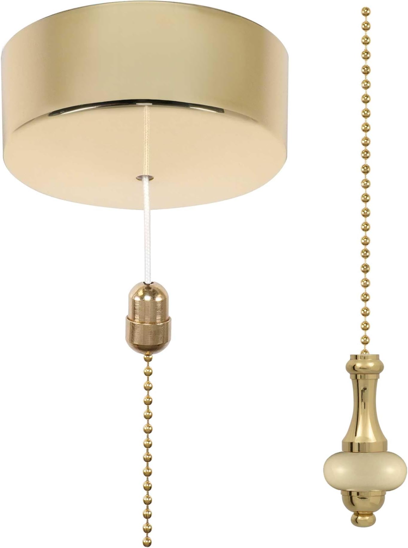 ElekTek UK Safety Approved Polished Brass Bathroom Light Pull Switch Kit, Metal & Ceramic White Disc Fob + Brass Chain, EN 60669-1 & CE Mark, Earth Terminal, 6A 250V, 1 or 2 Way, Wiring Instructions