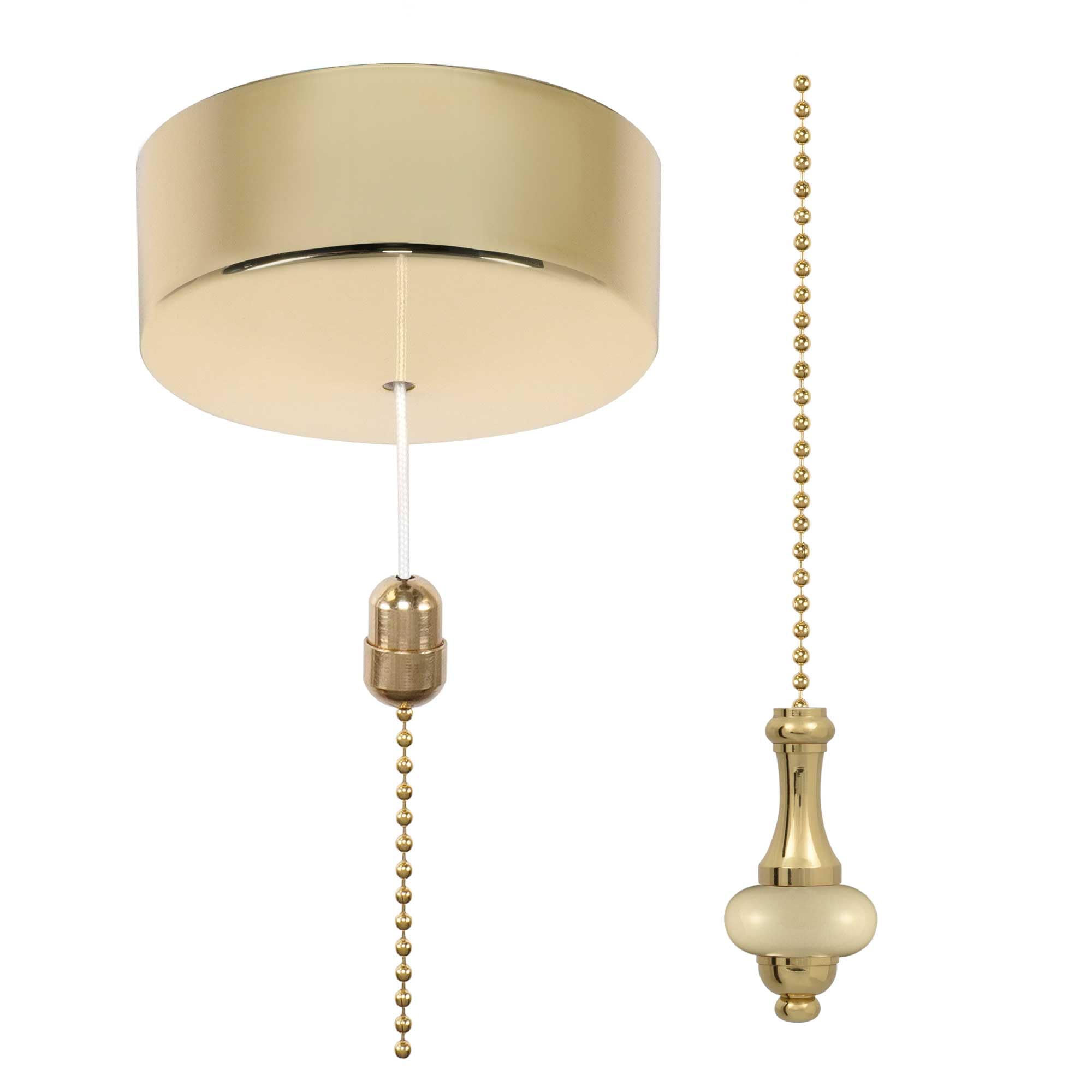 ElekTek UK Safety Approved Polished Brass Bathroom Light Pull Switch Kit, Metal & Ceramic White Disc Fob + Brass Chain, EN 60669-1 & CE Mark, Earth Terminal, 6A 250V, 1 or 2 Way, Wiring Instructions