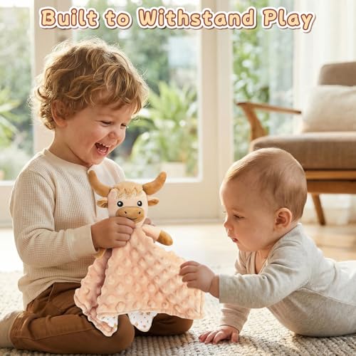 Image of Loveys for Babies,Kawaii Highland Cow Baby Security Blanket for Newborn Infant Toddler Snuggle Toy Stuffed Animal,Lovey Highland Cow Security Blankets Baby Gifts Unisex Birthday,Beige 12in
