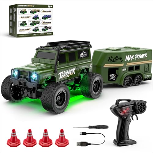 Image of 1 /64 Mini RC Car 2.4G Remote Control Crawler Truck with Trailer 4WD Off-Road All Terrain Vehicle with DIY Stickers, Full Proportional, 2 Speed Control, LED