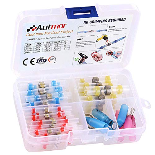AUTMOR Solder Seal Wire Connectors - 4 Color Heat Shrink Butt Connectors （65pcs） with 2:1 Shrinking Ratio, Waterproof Insulated Wire Terminals for Car Boat and Household Appliances