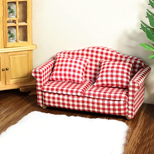 Cutemini DJ0048 Dollhouse Couch Miniature Sofa With Pillows Dollhouse Living Room Funiture 1:12 Scale Model 3 Pcs High Simulation Upholstered Wooden Fabric Armchair Mini Room Artificial House Scene Decoration thumb #4