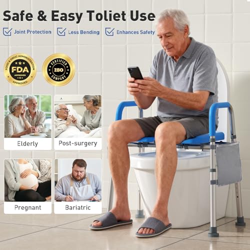 Image of WHLICKS 500lbs Toilet Seat Risers with Handles, Padded Raised Toilet Seat for Seniors, Adjustable Height Toilet Riser, Handicap Elevated Seat, Fit Any Toilet, Blue