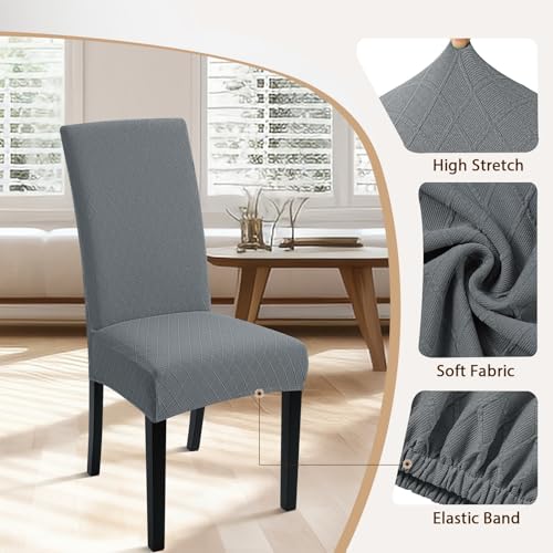 Image of SearchI Dining Room Chair Covers Set of 6, Stretch Jacquard Parsons Chair Slipcovers Removable Washable Kitchen Chair Protector Cover for Dining Room, Hotel, Ceremony (Gray Rhombus)