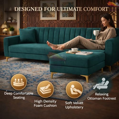 Image of SRMS Golden Legs 4 Seater L Shape Velvet Fabric Sofa Set with Four Cushions | Perfect for Home Office Guests Living Room | Sofa Set for living Room | 74 x 32 x 30 inches | Orange