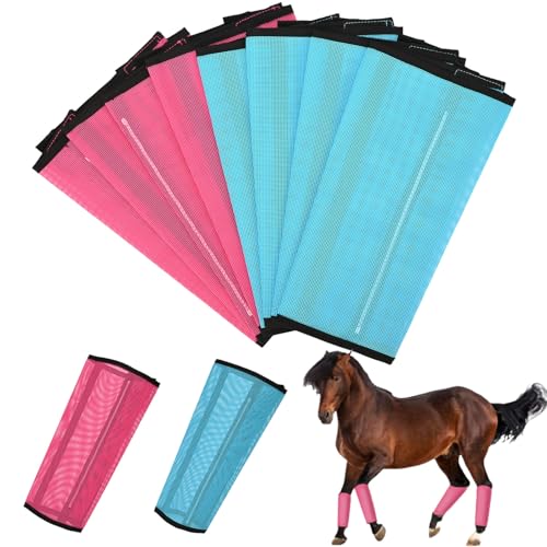 Image of Set of 8 Breathable Mesh Horse Boots Mesh Fly Boots for Horse Loose Fitting Horse Fly Boots for Non-Slip Reduce-Stomping Preventing Flies and Mosquitoes Bites (Pink and Blue)