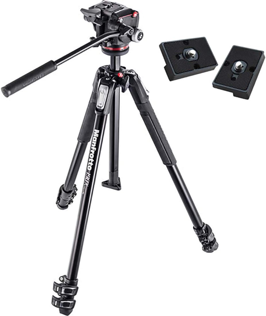Manfrotto MK190X3-2W 190 Aluminum 3 Section Tripod Kit with MHXPRO-2W Fluid Head (Black) and Two ZAYKIR Quick Release Plates for The RC2 Rapid Connect Adapter