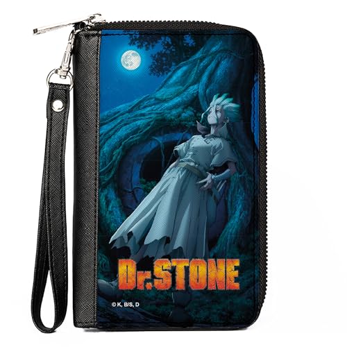 Buckle-Down Dr. Stone Wallet, Zip Around, Dr Stone Senku Ishigami Full Moon Tree Pose and Logo Blues, Vegan Leather