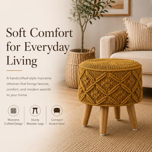 Image of Macrame Ottoman for Living Room | Handcrafted Woven Foot Rest Stool with Solid Wooden Legs | Pouffe for Sitting, Foot Stool for Bedroom & Home Decor | 16x16x18 Inch (Mustard)