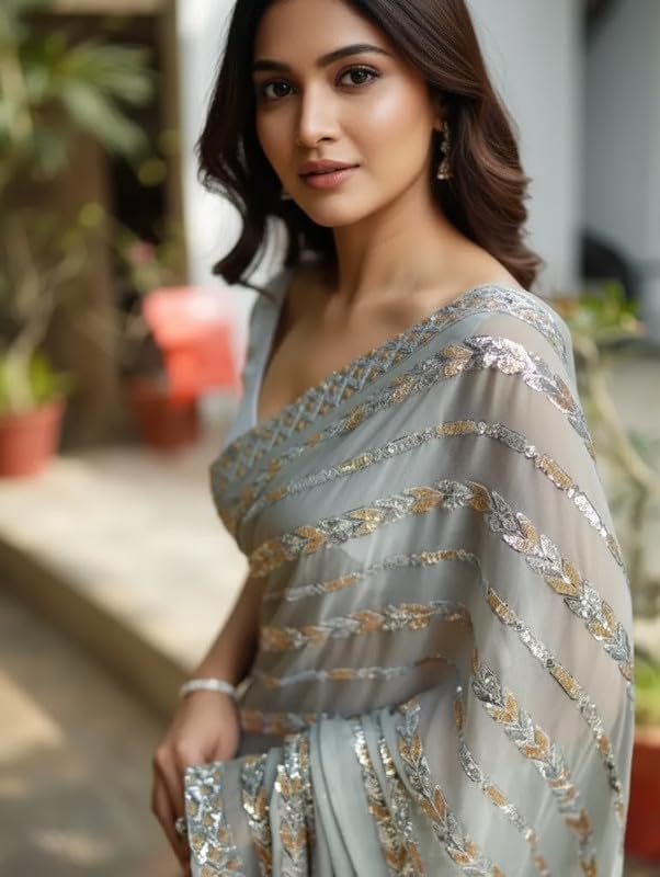 VESH Gray Georgette Ready to Wear Saree Pre Pleated Pre Draped One minute Shimmer Sequence Bollywood Sadi