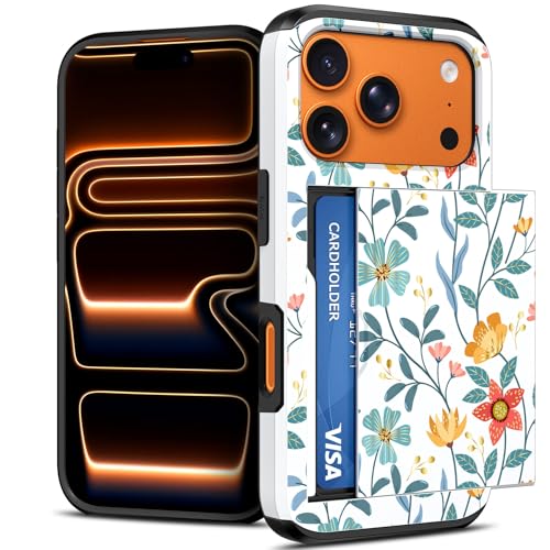 AFGHOA for iPhone 17 Pro Wallet Case, Floral Card Holder Case for Women Girls, 2 Cards Credit Card Pocket, Flower Rugged Impact Resistant TPU Bumper, Slide Wallet ID Slot Back Cover for iPhone 17 Pro