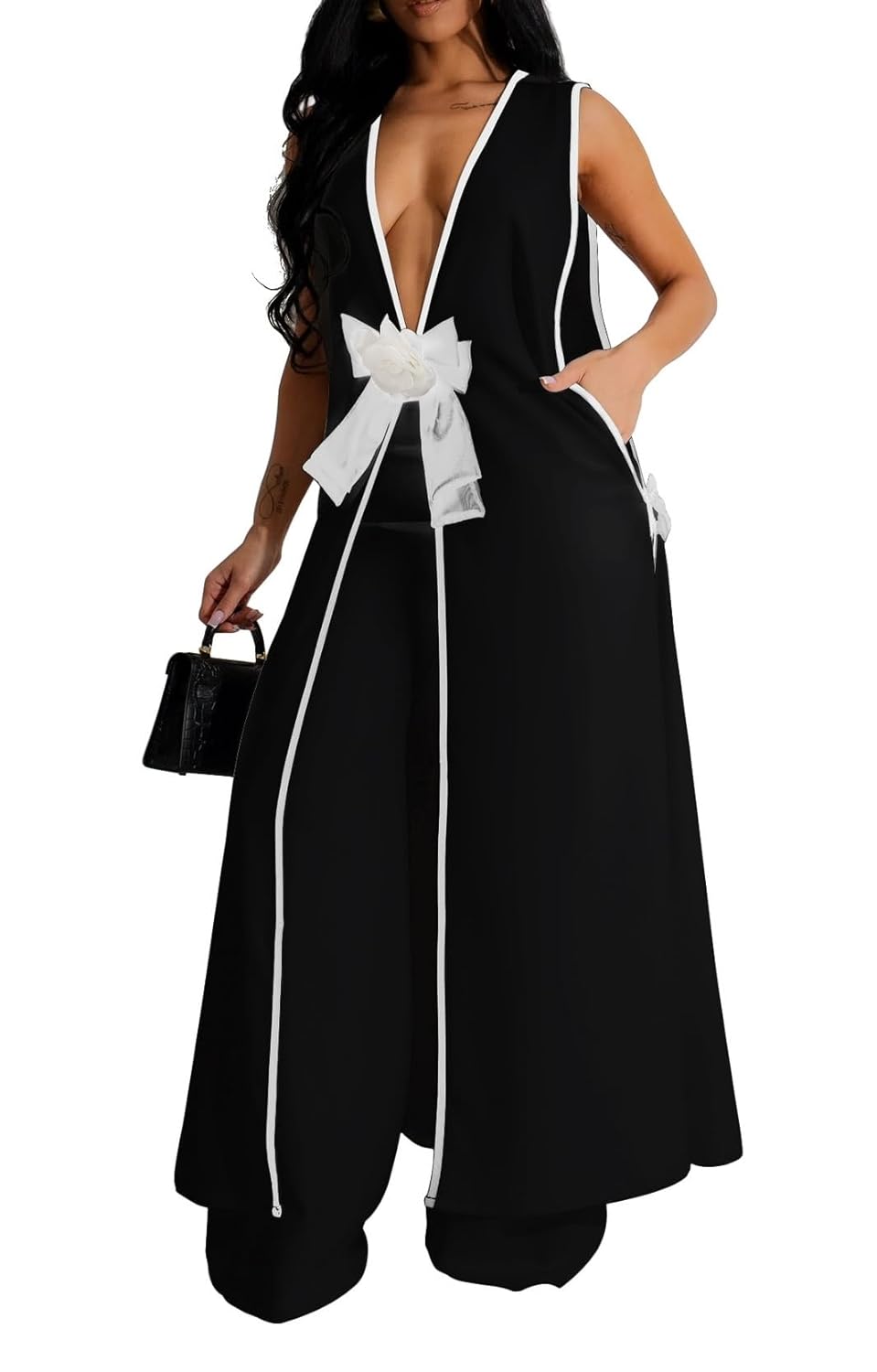 Womens Sleeveless Suit Vest Dress Wide Leg Pants Business Casual Blazer Set Multi Pockets Overalls