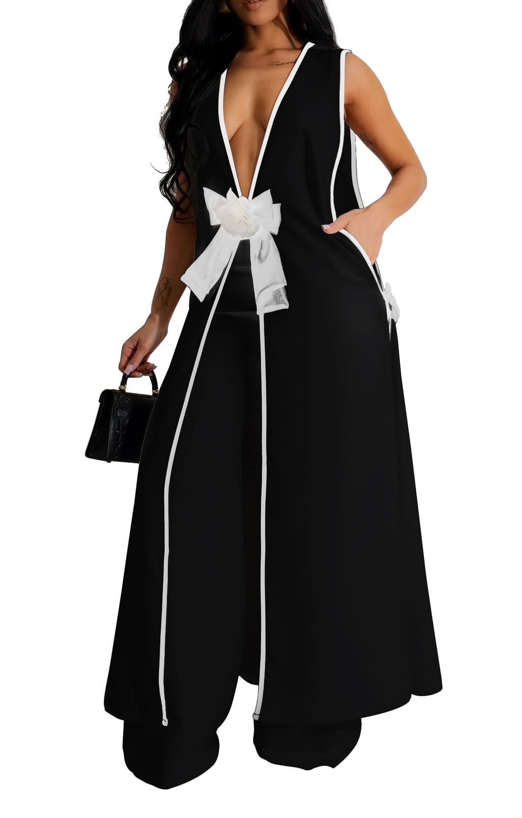 Womens Sleeveless Suit Vest Dress Wide Leg Pants Business Casual Blazer Set Multi Pockets Overalls