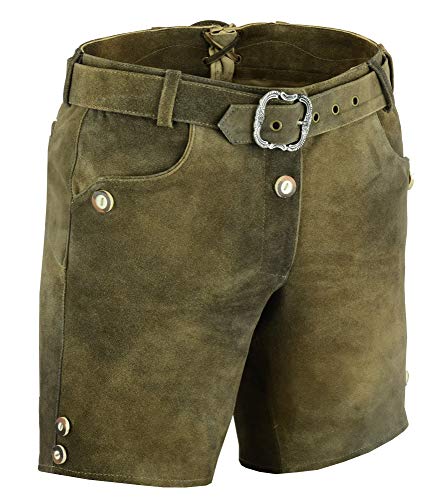 Bayerische Kurze Damen Lederhose mit Gürtel, Trachtenlederhose Frauen kurz, Damen Trachtenlederhose im Nubuk Echtleder Braun- mit Gürtel (40 EU, Braun)