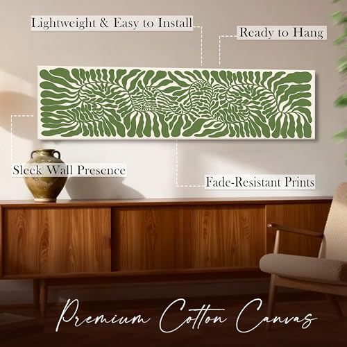 Image of Botanical Boho Stretched Canvas Wall Art Painting for Living Room, Green Abstract Leaf Canvas Wall Decor For Livingroom, Bedroom, Office, Hallway's, Hotel 12x46 Inch
