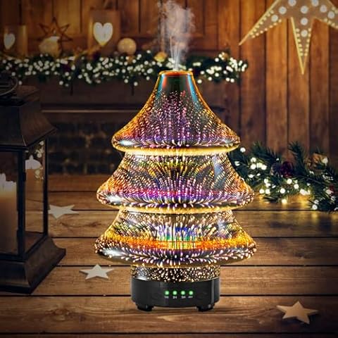 BHeadCat Essential Oil Diffuser, 100ml Ultrasonic Aromatherapy Diffuser with Handmade Glass BPA Free Waterless Auto-Off, Christmas Tree Oil Diffusers for Home Yoga Office（Warm Light） Cover