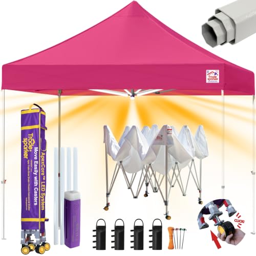 Image of Tradesparker 10x10 Pop Up Canopy Tent,Commercial Movable Canopy with ApexCore LED&Rugged Casters-Instant Easy Setup Shelter Canopies with Weight Bags&Stakes for Outdoor Events Markets,Pink