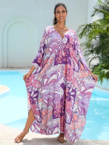 Image of IMAGEKOPE Women's Plus Size Animal Print V-Neck Batwing Kaftan Beach Dress Bathing Suit Cover-Up Loungewear