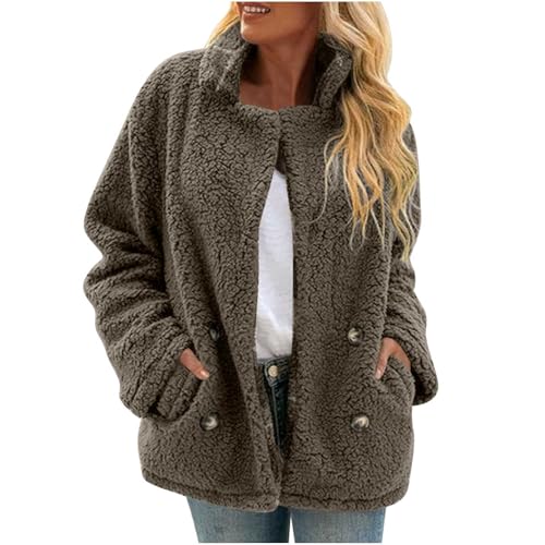 Dyhxuan Chaqueta de forro polar para mujer, cuello alto, chaqueta de peluche, chaqueta cálida de forro polar, chaqueta de invierno monocolor, chaqueta de felpa suave, chaqueta de entretiempo con doble