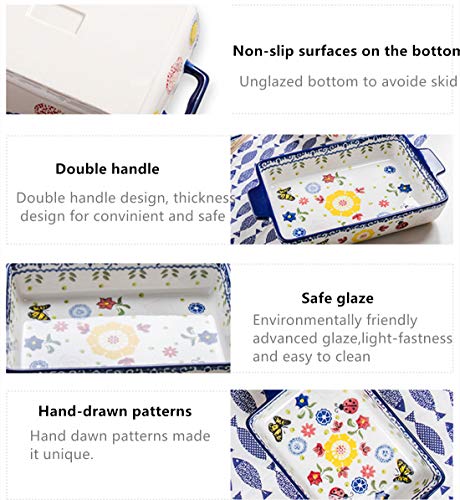 Porcelain Rectangle Baking Dish Set Of 2, Floral Pizza Pie Cheese Serving Bakeware Oven Household Tableware(Baking Dish Set Of 2) (Blue-3) #TOP5