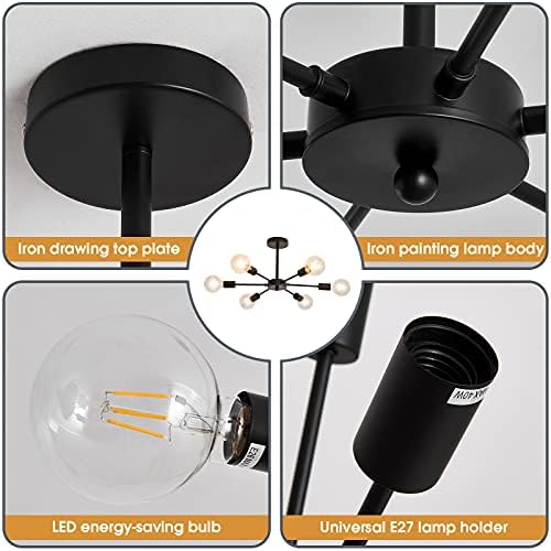 YASSLIO 6-Light Black Industrial Sputnik Chandelier,E27 Metal Ceiling Light Fixture,Adjustable Height Pendant Light Fitting for Living Room Bedroom Dining Room Hallway Balcony Restaurant Shop Bar