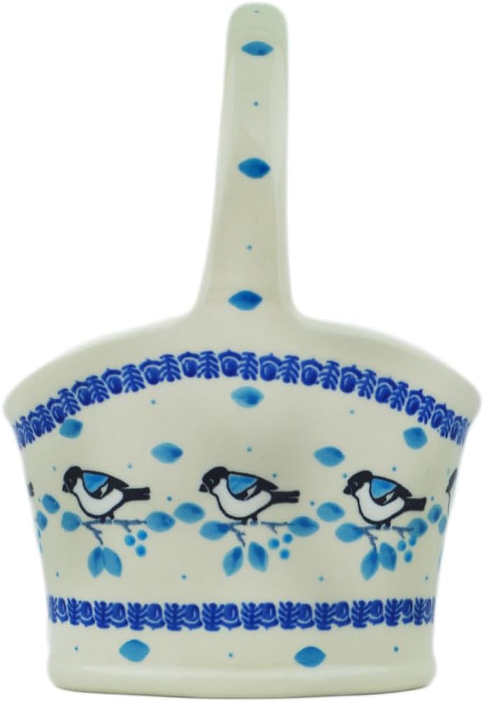 Polmedia Polish Pottery Basket with Handle - Winter Sparrow Pattern Handmade in Boleslawiec Poland by Ceramika Artystyczna + Certificate of Authenticity