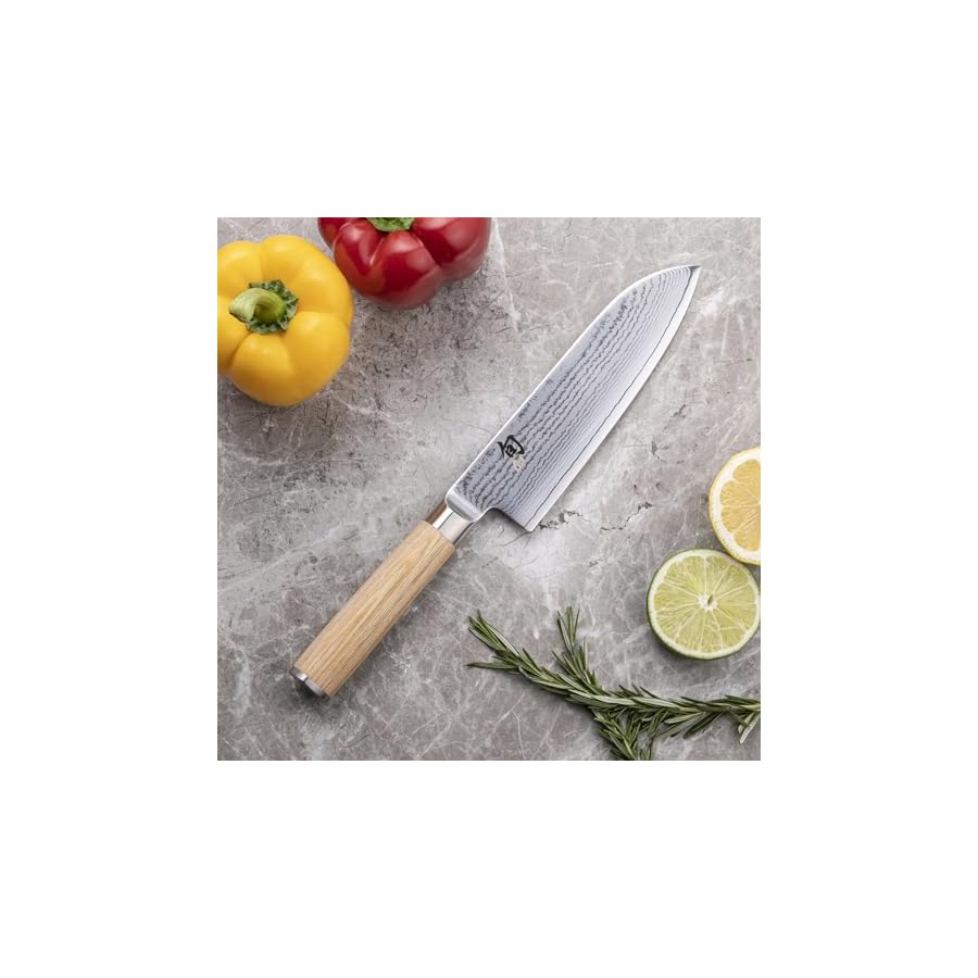 Shun-Classic-Blonde-7-Santoku-Knife-Blonde-PakkaWood-Handle-Full-Tang-VG-MAX-Blade Shun Classic Blonde 7" Santoku Knife, Handcrafted Japanese All Purpose Knife, VG-MAX Core with Damascus Stainless Steel Cladding, Pakkawood Handle, Versatile Japanese Cutting Tool