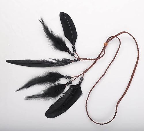 Miniatura 4 de Jumwrit Diadema de plumas bohemias, tocado gitano hippie con plumas negras, tocado de borla ajustable cuerda de cáñamo con cuentas, accesorios para