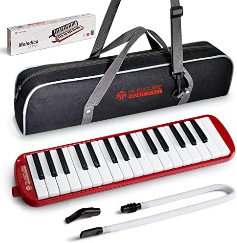MUSICUBE Melodica for Kids 32 Keys Melodica Instrument Air Piano Keyboard with 1 Long Tube, 1 Short Mouthpiece, 1 Bag for Beginners Students, Musical Gift for Boys & Girls (RED)